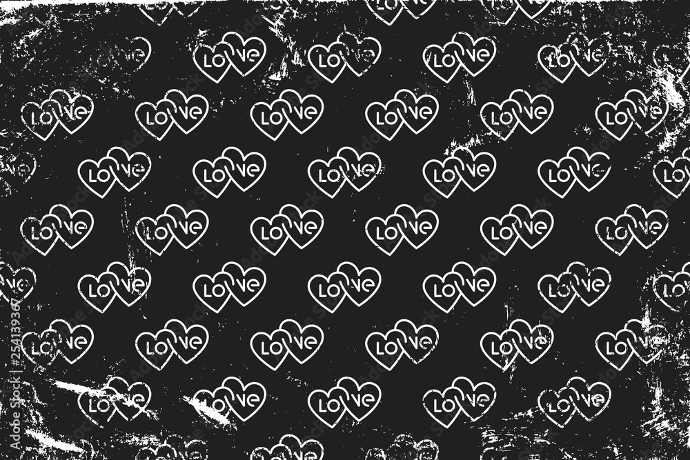Grunge pattern with icons of double typography hearts. Horizontal black and white backdrop.