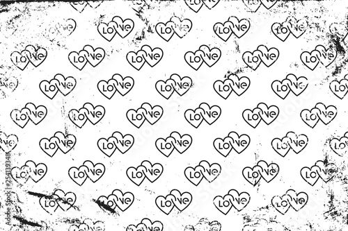 Grunge pattern with icons of double typography hearts. Horizontal black and white backdrop.