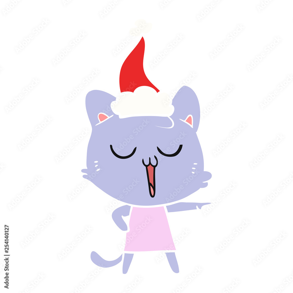 flat color illustration of a cat singing wearing santa hat flat color illustration of a cat singing wearing santa hat