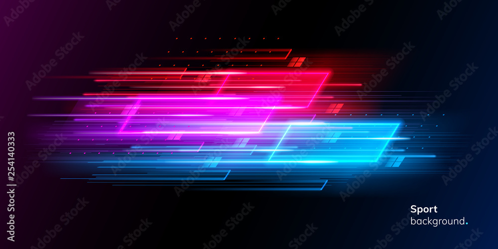 Fototapeta Modern abstract sport background. Trendy geometric neon collage for speed movement. Night race advertising. Dynamic cover or colourful layout for sport event. Banner or poster for motion