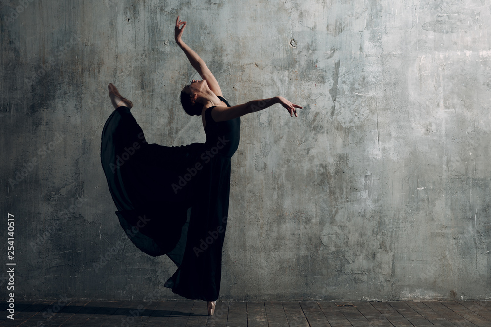 Fototapeta premium Ballerina female. Young beautiful woman ballet dancer, dressed in professional outfit, pointe shoes and black tutu.
