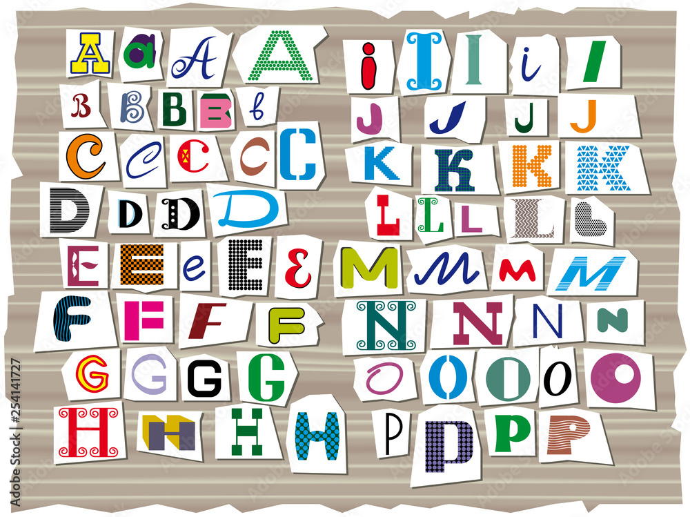 The Latin alphabet, made up of letters of different sizes and shapes, is composed in the style of inscriptions from detective stories. Multicolored letters carved from newspaper headlines. Part 1 The Latin alphabet, made up of letters of different sizes and shapes, is composed in the style of inscriptions from detective stories. Multicolored letters carved from newspaper headlines. Part 1