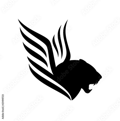 roaring panther profile head - furious big cat with wings black and white vector design
