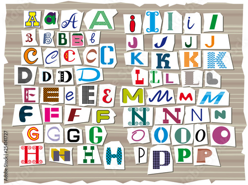 The Latin alphabet  made up of letters of different sizes and shapes  is composed in the style of inscriptions from detective stories. Multicolored letters carved from newspaper headlines. Part 1