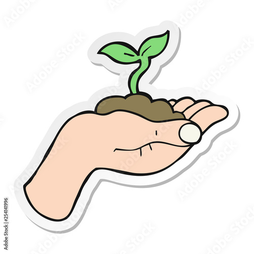 sticker of a cartoon seedling growing held in hand