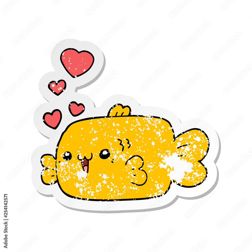 distressed sticker of a cute cartoon fish with love hearts distressed sticker of a cute cartoon fish with love hearts