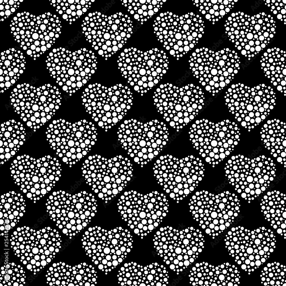 Hearts with dots. Black seamless pattern. Dark Surface design
