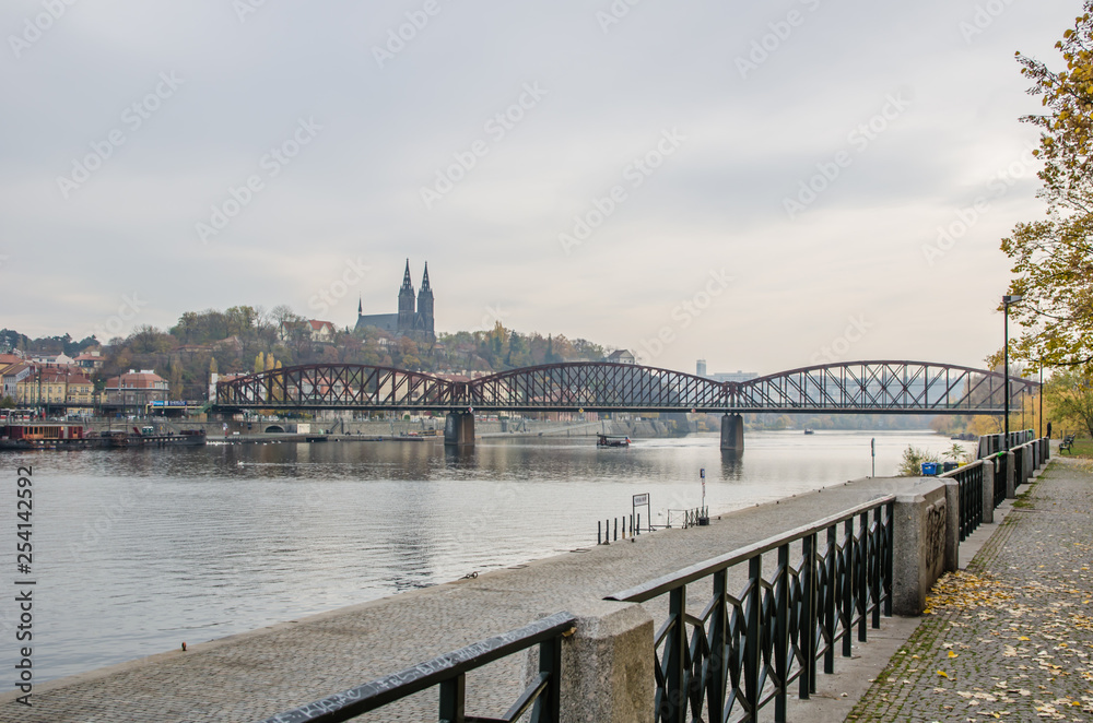 The Vltava river, The Vltava river, Charles bridge and white swans in Prague, Czech Republic in Prague, Czech Republic