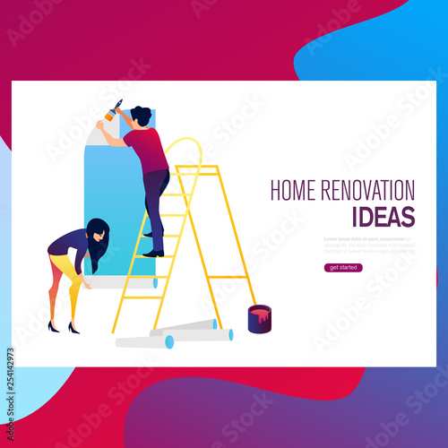 Home makeover and renovation: young happy couple painting their new house interiors using paint rollers