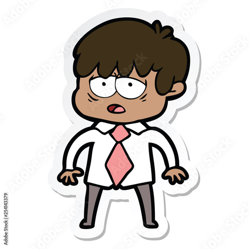 sticker of a cartoon exhausted boy