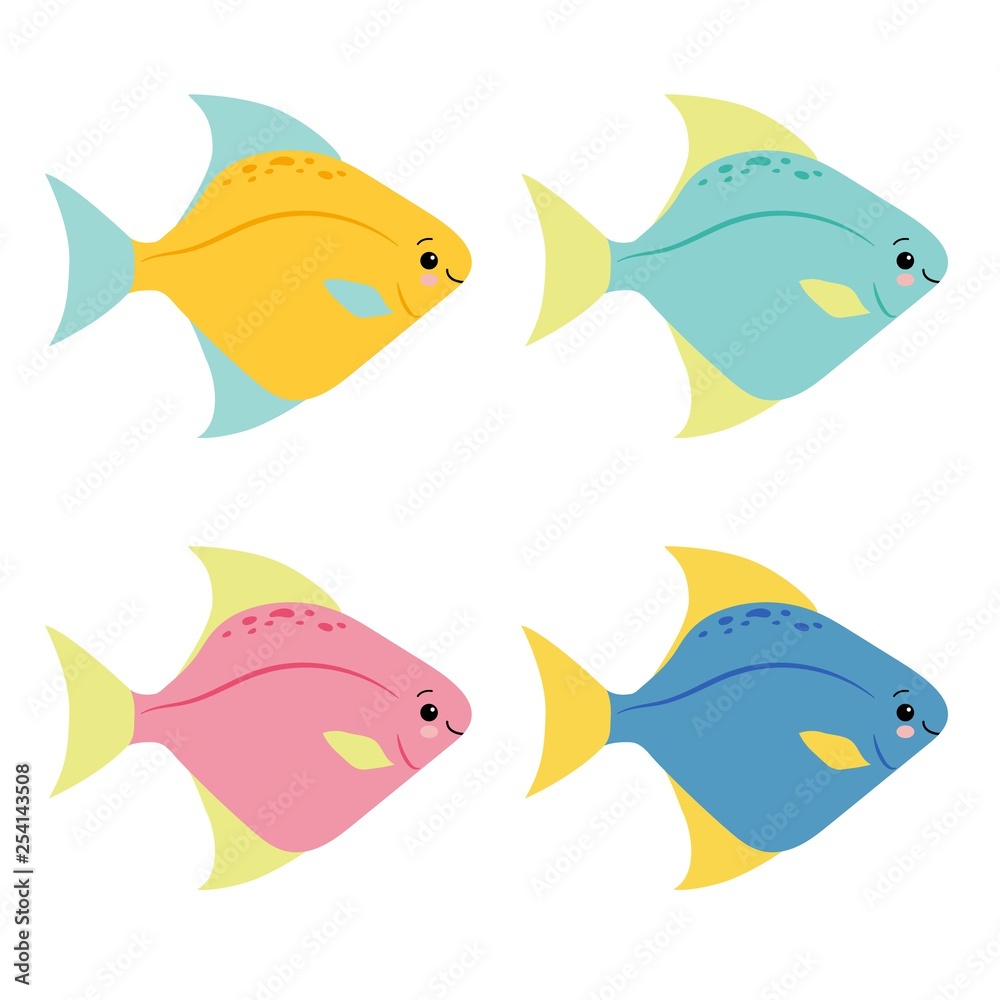 A cartoon vector illustration set of rainbow colored stripey fishes.