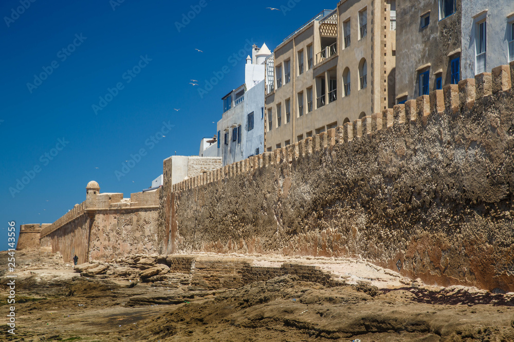Fortress wall of old Essaouira town on Atlantic ocean coast, Morocco