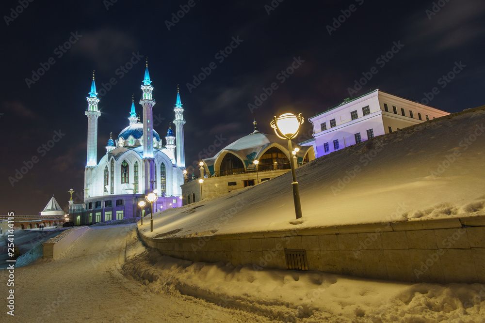 Beautiful landscape with a view of the mosque in winter in Kazan