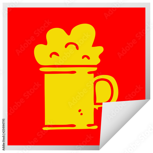 quirky square peeling sticker cartoon tankard of beer