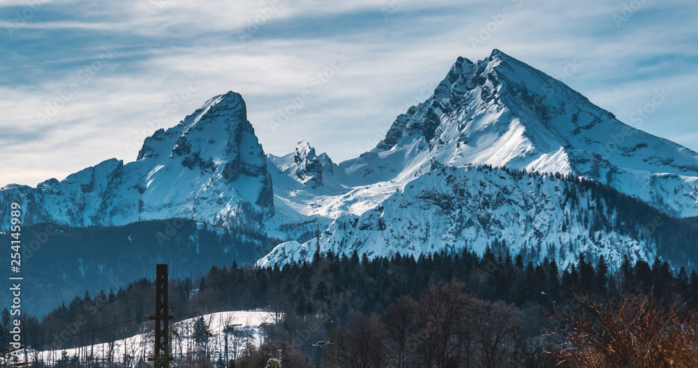 Beautiful alpine winter view with the famous Watzmann summit near Berchtesgaden-Bavaria-Germany