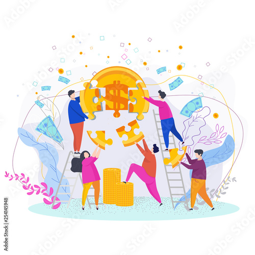 Team of tiny people puts a gold coin. Symbol of success.