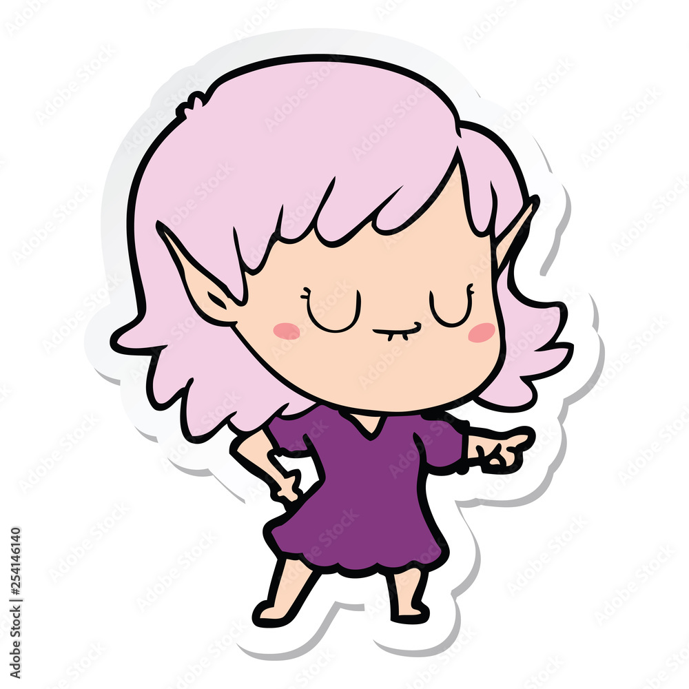 sticker of a happy cartoon elf girl wearing dress sticker of a happy cartoon elf girl wearing dress