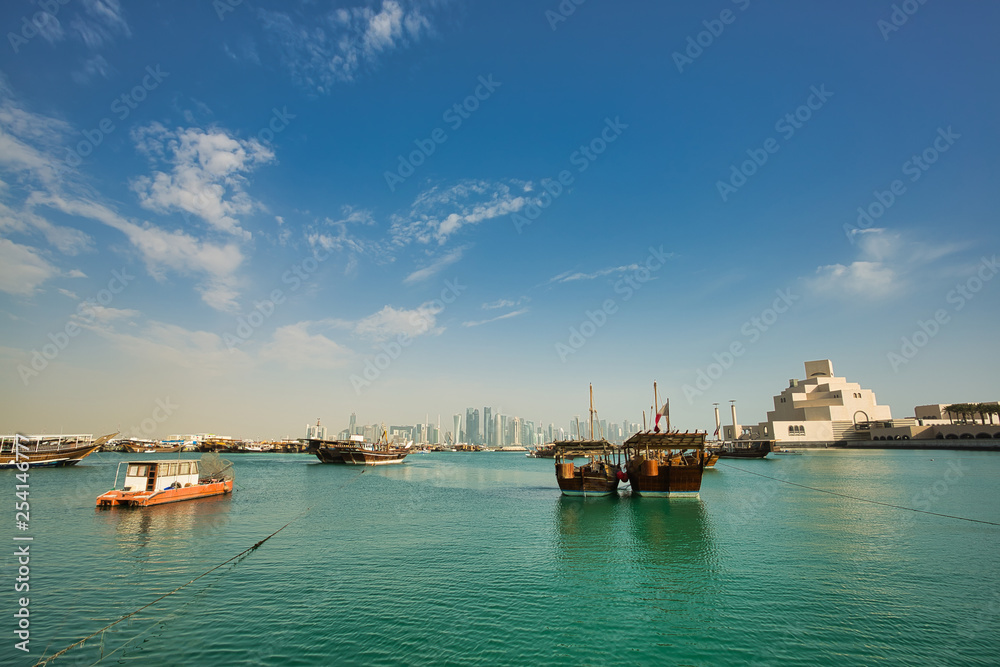 View to the bay of Doha and the Museum of islamic Art from the Dhow harbor