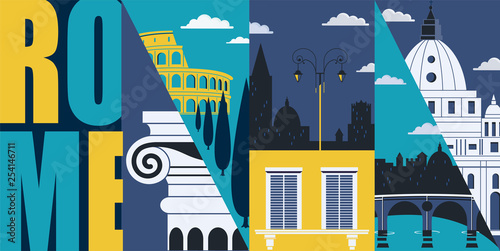 Rome, Italy vector banner, illustration. City skyline, historical buildings in modern flat design