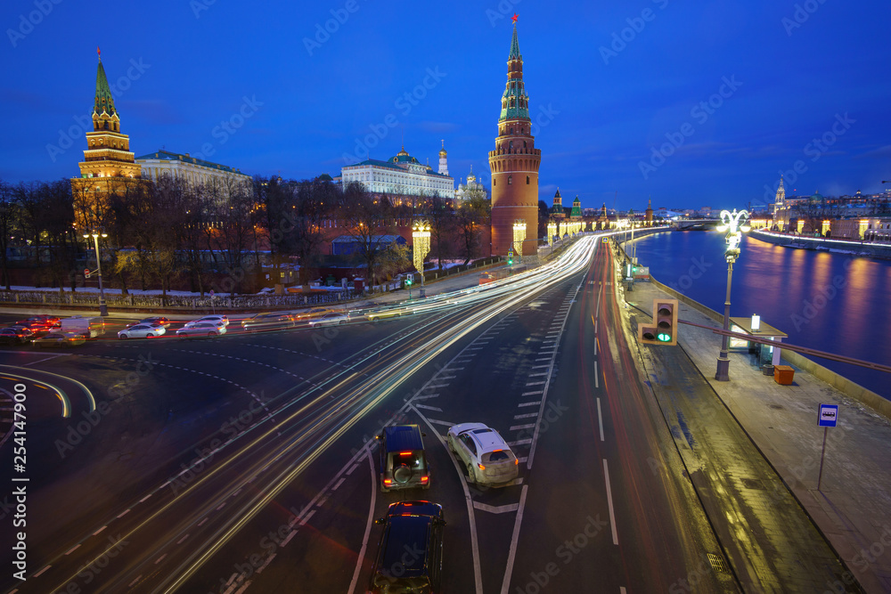 View of the Moscow Kremlin at night, the road