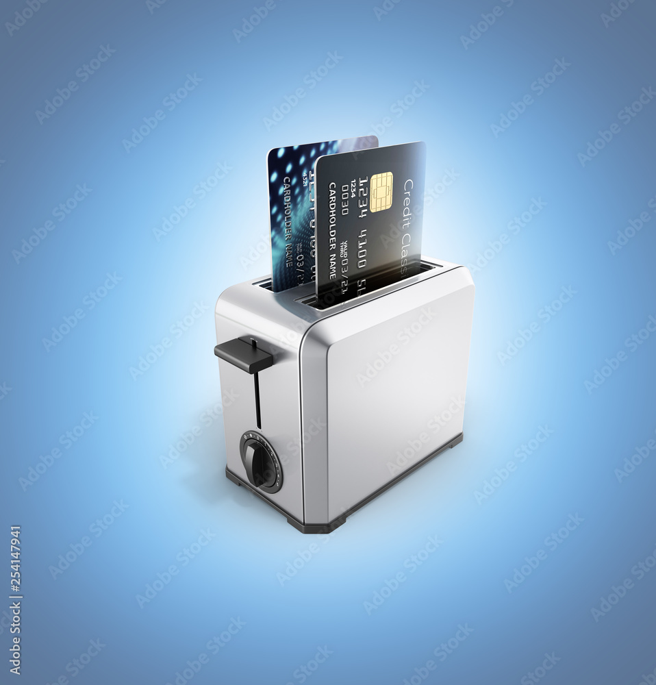 Modern concept of fast loans and payments Credit cards in the toaster isolated on blue gradient background 3d render Modern concept of fast loans and payments Credit cards in the toaster isolated on blue gradient background 3d render