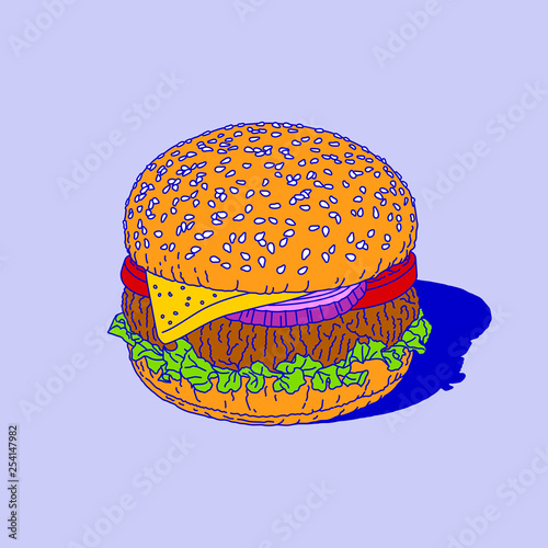 Beef cheese burger with tomato, salad and onion, drawing
