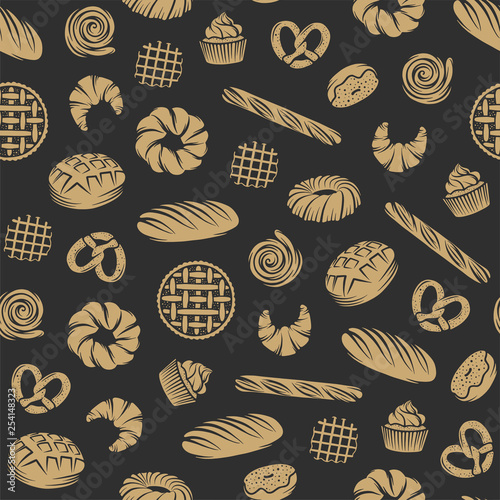 Bakery vector seamless pattern with engraved elements. Background design with bread, pastry, pie, buns, sweets, cupcake. Collection of modern linear graphic, food hand drawn sketches for bakery shop.
