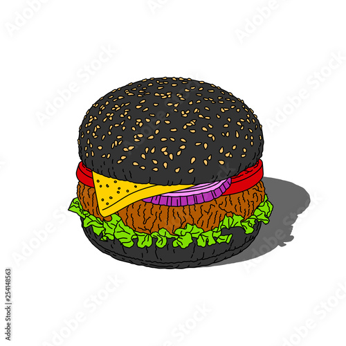 Beef cheese burger with tomato, salad and onion, drawing