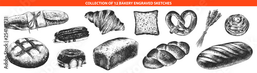 Vector engraved style bakery and bread collection for posters, decoration and print, logo. Hand drawn sketches of monochrome isolated on white background. Detailed vintage woodcut style drawing.