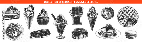 Vector engraved style desert and bakery collection for posters, decoration and print, logo. Hand drawn sketches of monochrome isolated on white background. Detailed vintage woodcut style drawing.