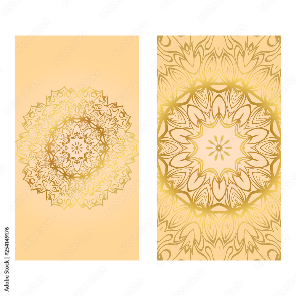 Cards Or Invitations Set With Mandala Ornament. Vector Illustration. For Wedding, Bridal, Valentine's Day, Greeting Card Invitation. Gold color Cards Or Invitations Set With Mandala Ornament. Vector Illustration. For Wedding, Bridal, Valentine's Day, Greeting Card Invitation. Gold color