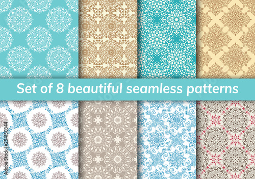 Pattern set arabic, indian, japanese, islamic motifs. Collection of 8 patterns. Mandala seamless pattern.