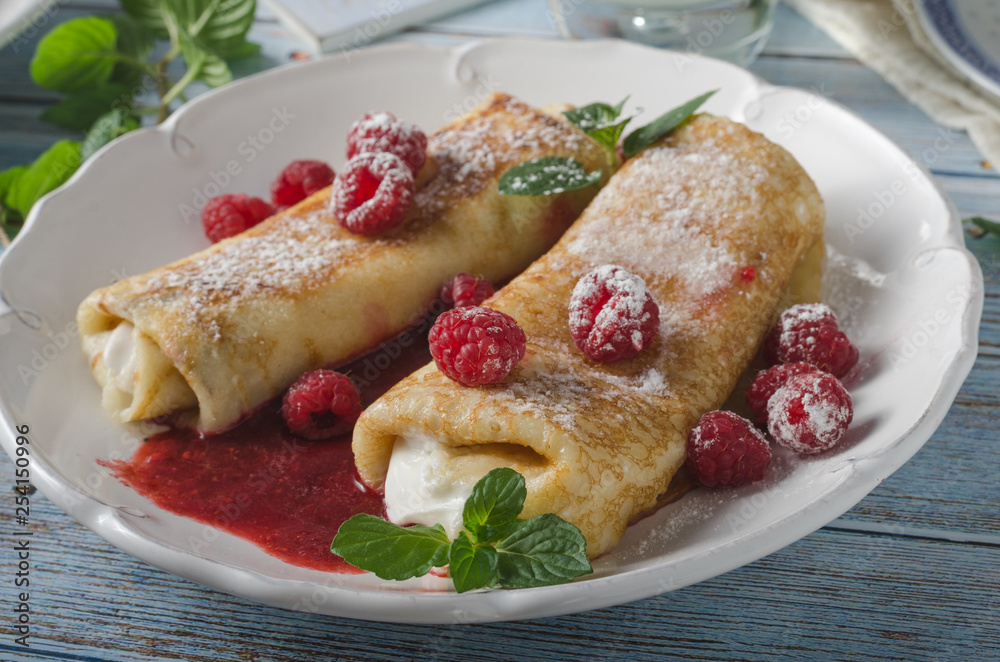 Cheese blintzes pancakes with fresh fruit Cheese blintzes pancakes with fresh fruit