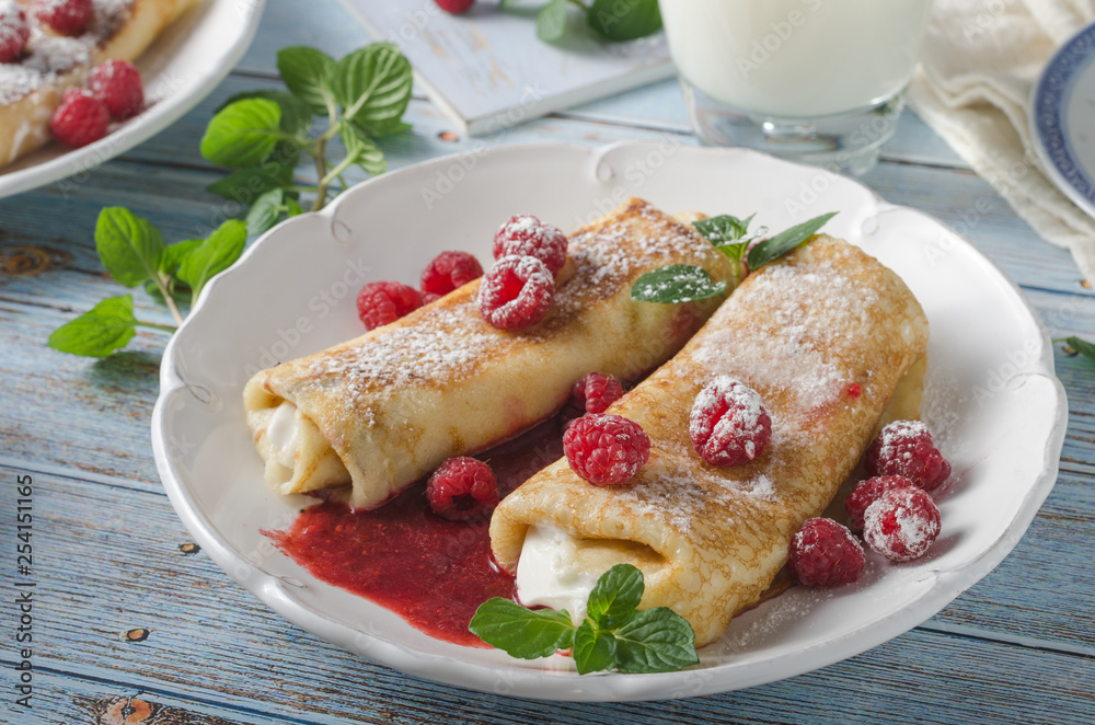 Cheese blintzes pancakes with fresh fruit Cheese blintzes pancakes with fresh fruit