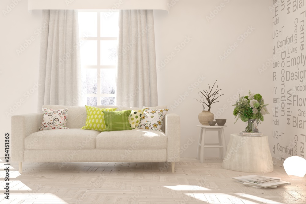 Fototapeta premium White stylish minimalist room with sofa. Scandinavian interior design. 3D illustration