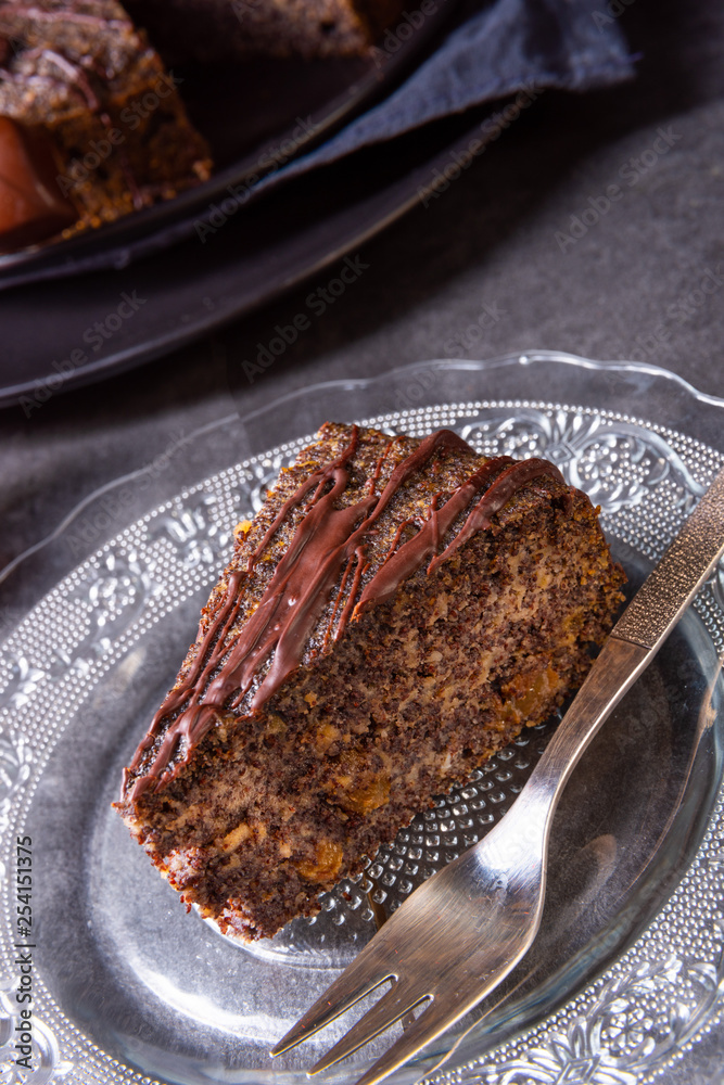 juicy poppy seed cake with apples and chocolate glaze