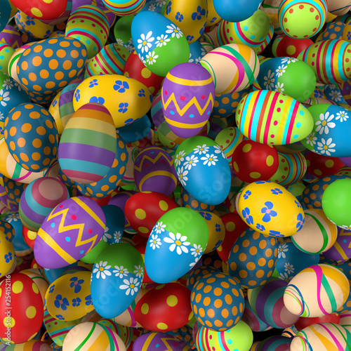 Easter eggs,  colorful collection of painted easter eggs, 3D rendering