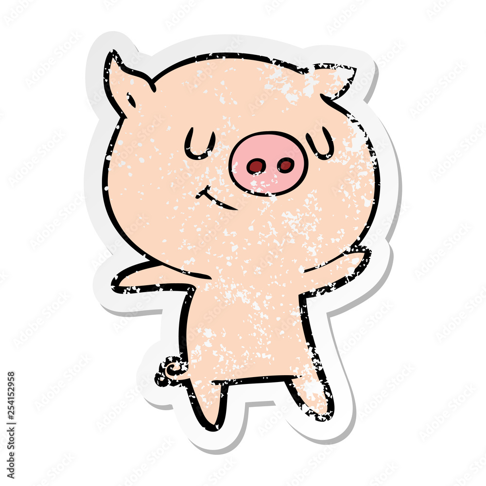distressed sticker of a happy cartoon pig distressed sticker of a happy cartoon pig