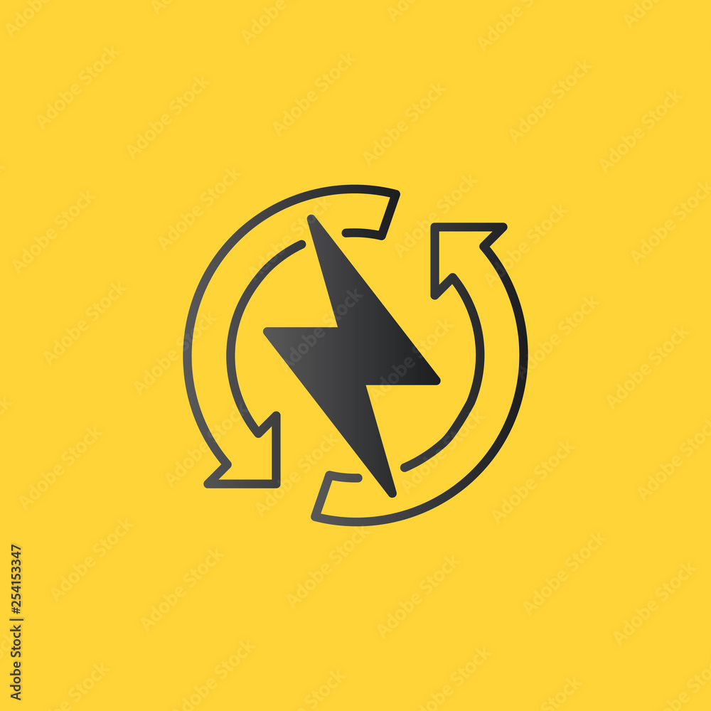 Power lightning with circle refresh arrows logo icon. Vector electric fast thunder bolt symbol. Vector illustration isolated on yellow background Power lightning with circle refresh arrows logo icon. Vector electric fast thunder bolt symbol. Vector illustration isolated on yellow background
