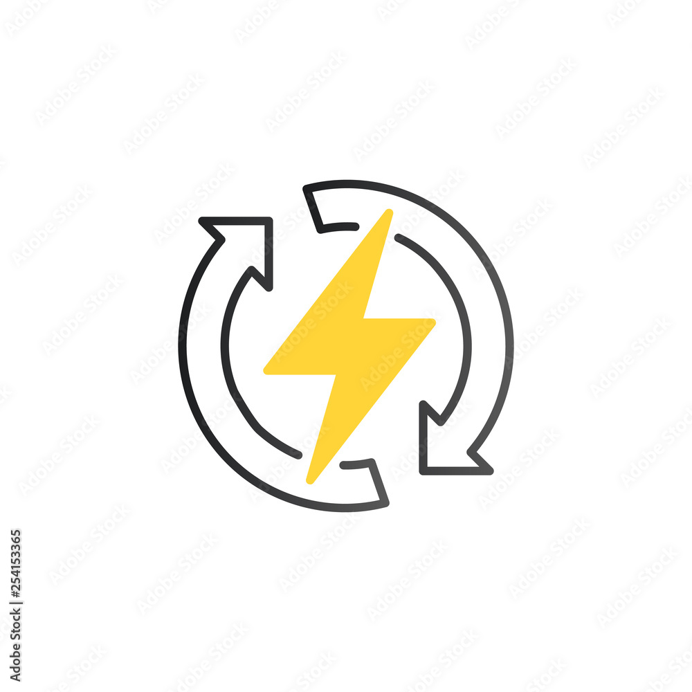 Power lightning with circle refresh arrows logo icon. Vector electric fast thunder bolt symbol. Vector illustration isolated on white background Power lightning with circle refresh arrows logo icon. Vector electric fast thunder bolt symbol. Vector illustration isolated on white background