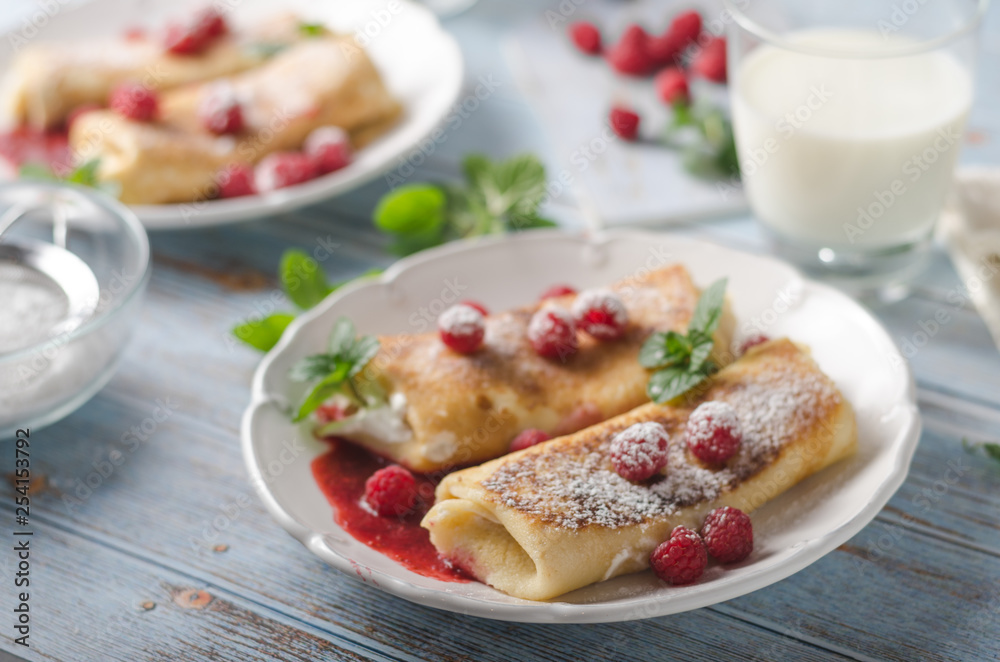 Cheese blintzes pancakes with fresh fruit