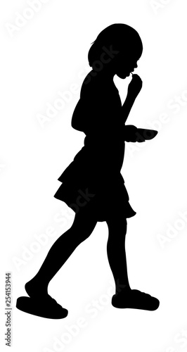 girl eating and walking, silhouette vector
