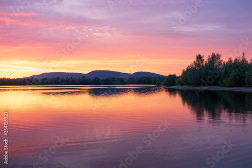 Sunset on a lake in Hohenrode in Germany
