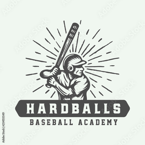 Vintage baseball sport logo, emblem, badge, mark, label. Monochrome Graphic Art. Illustration. Vector.