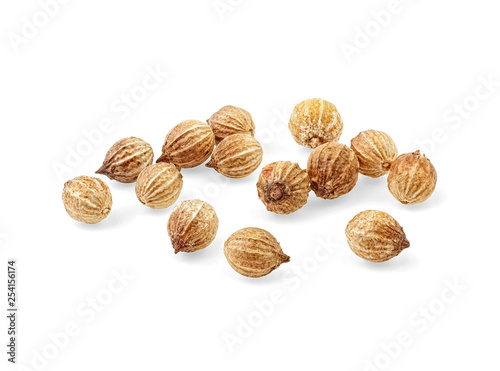 Dry coriander seeds isolated on a white background. Full depth of field.