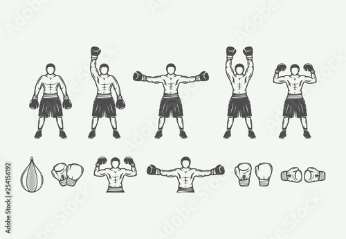 Set of vintage retro boxing and fighting elements. Can be used for logo, emblem, badge, mark or label. Vector Illustration.