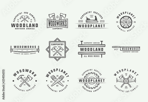 Set of vintage carpentry, woodwork and mechanic labels, badges, emblems and logo. Vector illustration. Monochrome Graphic Art.