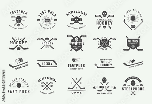Set of vintage hockey emblems, logos, badges, labels and design elements. Graphic Art. Vector Illustration. photo