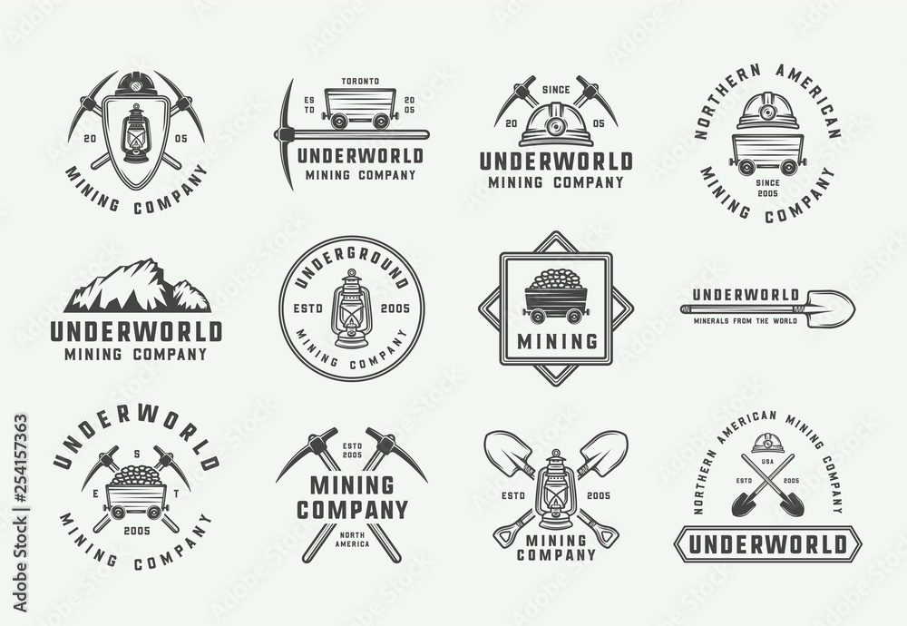Set of retro mining or construction logos, badges, emblems and labels in vintage style. Monochrome Graphic Art. Vector Illustration. Set of retro mining or construction logos, badges, emblems and labels in vintage style. Monochrome Graphic Art. Vector Illustration.