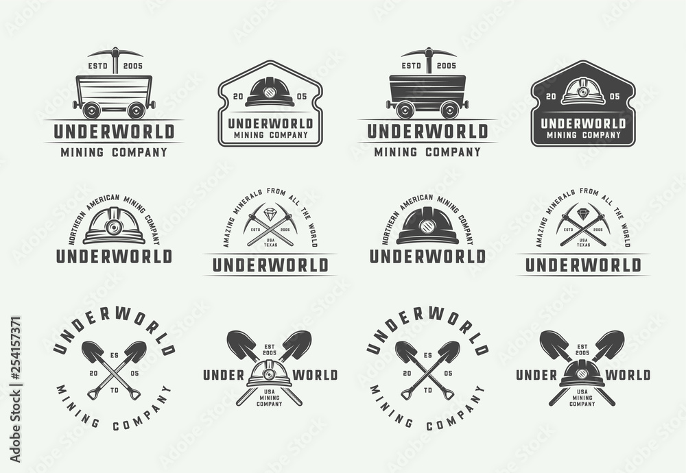 Fototapeta premium Set of retro mining or construction logos, badges, emblems and labels in vintage style. Monochrome Graphic Art. Vector Illustration.